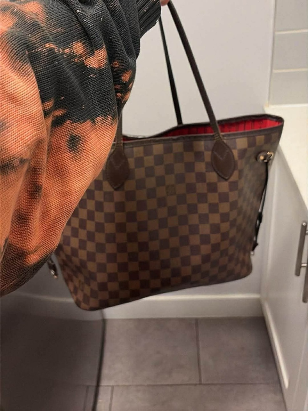 Louis Vuitton Brown Damier Ebene Tote with Red Interior